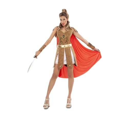 My Other Me Römisches Damen-Kostüm, Größe S, inklusive Kleid mit weißem Rock mit goldfarbenem Borte, roter Umhang, Gürtel, Armbändern und Halsband, klassischer Stil mit Stärke. von My Other Me