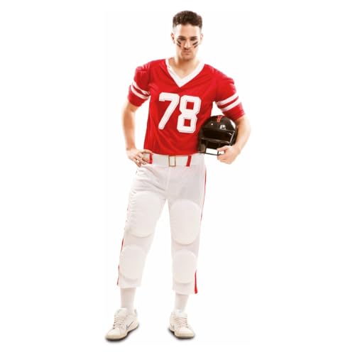 My Other Me Rugby-Spieler-Kostüm für Herren, Größe XXXL, rotes T-Shirt mit Nummer 78 und weißen Streifen, Gürtel und weiße Hose mit roten Listen und Protektoren. Sieht aus wie ein Rugbyspieler von My Other Me