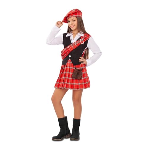 My Other Me Schottenkostüm für Mädchen, Größe 7–9 Jahre. Inklusive dreiteiligem Kleid, Schottenmantel, brauner Tasche und passender Baskenmütze. Ein traditioneller Look mit viel Stil und keltischem von My Other Me