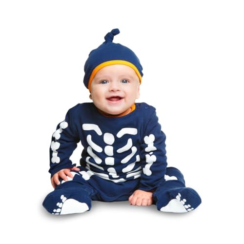 My Other Me Skelett-Kostüm für Babys, Unisex, Größe 1–2 Jahre. Inklusive blauem Ganzkörperanzug mit weißem Knochenmuster und Mütze mit Knoten oben und gelbem Saum. My Other Me Skelett-Kostüm für Babys, Unisex, Größe 1–2 Jahre. Inklusive blauem Ganzkörperanzug mit weißem Knochenmuster und Mütze mit Knoten oben und gelbem Saum. von My Other Me