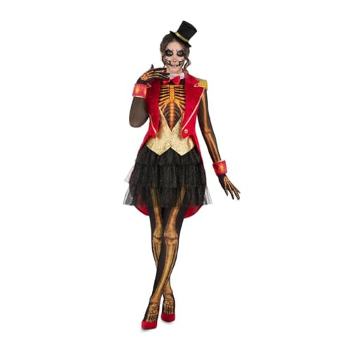 My Other Me Skelett-Kostüm für Damen, Größe S, inkl. Kleid mit Tüllrock, roter Mantel, Ärmelbündchen, Handschuhe, Strümpfe mit Knochenmuster und Kopfschmuck aus schwarzem Körbchen. von My Other Me