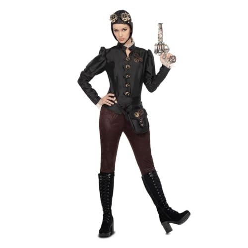 My Other Me Steampunk-Kostüm für Damen, Größe M-L. Inklusive Hut, schwarzer Jacke mit Schnallen und Zahnrädern, Bündchen und Kragen mit Spitze, Gürtel mit schwarzer Tasche und brauner Hose. My Other Me Steampunk-Kostüm für Damen, Größe M-L. Inklusive Hut, schwarzer Jacke mit Schnallen und Zahnrädern, Bündchen und Kragen mit Spitze, Gürtel mit schwarzer Tasche und brauner Hose. von My Other Me