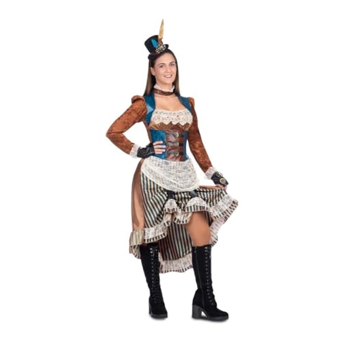 My Other Me Steampunk-Kostüm für Damen, Größe S, inklusive braunem Kleid mit blauer und beige, schwarze Fäustlinge mit Spitze und Kopfschmuck mit Mini-Witz, viktorianischer Charme mit goldenen My Other Me Steampunk-Kostüm für Damen, Größe S, inklusive braunem Kleid mit blauer und beige, schwarze Fäustlinge mit Spitze und Kopfschmuck mit Mini-Witz, viktorianischer Charme mit goldenen von My Other Me