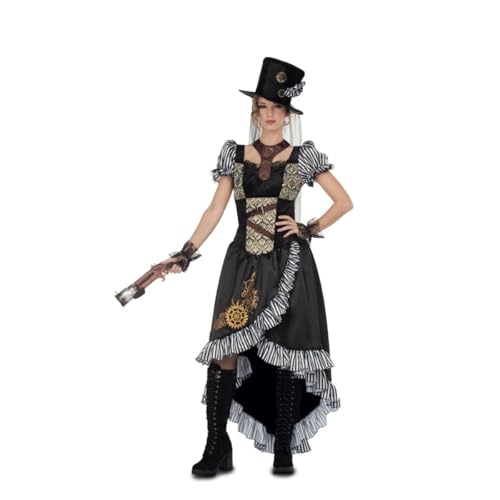 My Other Me Steampunk-Kostüm für Damen, Größe S, inklusive schwarzem Kleid mit Rüschen und goldenen Gängen, hoher Hut mit Schleier, brauner Halskette und Spitzenarmbändern, Retro-Footurismus. My Other Me Steampunk-Kostüm für Damen, Größe S, inklusive schwarzem Kleid mit Rüschen und goldenen Gängen, hoher Hut mit Schleier, brauner Halskette und Spitzenarmbändern, Retro-Footurismus. von My Other Me