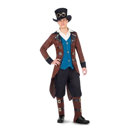 My Other Me Steampunk-Kostüm für Herren, Größe S, inklusive langer brauner Jacke mit Details und Ausrüstung, blaue Weste, Hose mit braunen Stiefelstulpen mit Schnallen und schwarzem Hut. My Other Me Steampunk-Kostüm für Herren, Größe S, inklusive langer brauner Jacke mit Details und Ausrüstung, blaue Weste, Hose mit braunen Stiefelstulpen mit Schnallen und schwarzem Hut. von My Other Me
