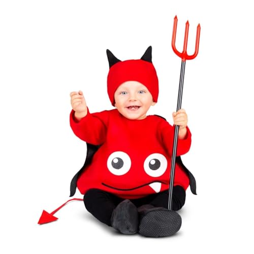 My Other Me - Teufelskostüm für Babys, Unisex, Größe 12-24 Monate. Inklusive Mütze mit schwarzen Hörnern, rotem Strampler mit Augen und Mund, schwarzer Umhang, spitzer Schwanz und Schuhen. Freche von My Other Me
