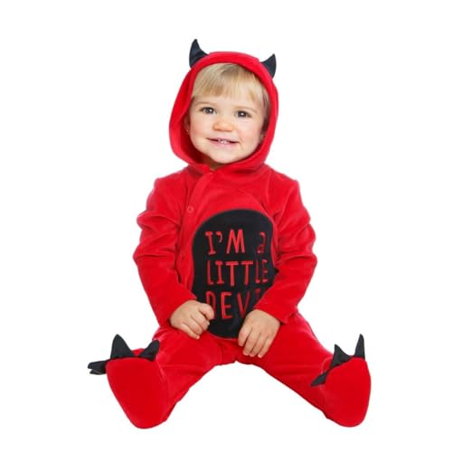 My Other Me Teufelskostüm für Babys, Unisex, Größe 7–12 Monate, inklusive rotem Overall mit Kapuze mit schwarzen Ohren, Krallen an den Füßen, Brustgeschirr mit Aufschrift "I'm a little devil" und von My Other Me