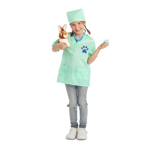 My Other Me Tierarzt-Kostüm für Kinder, Unisex, Größe 3 – 5 Jahre, grünes Hemd mit Pfotenabdruck, Mütze, Stethoskop und braunem und weißem Plüschhase. Pflegen Sie Ihre pelzigen Patienten. von My Other Me