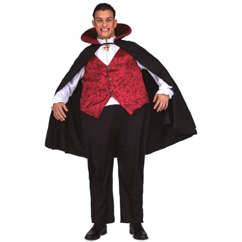 My Other Me Vampir-Kostüm für Erwachsene, Größe M-L. Inklusive zweifarbigem Overall mit roter Weste, Volumenring an der Taille und schwarzem Umhang mit Stehkragen. Dunkle Eleganz, um die Nacht zu von My Other Me
