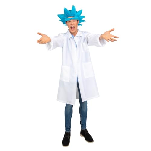 My Other Me Verrücktes Wissenschaftler-Kostüm für Herren, Größe S, inkl. weißem Morgenmantel mit langen Ärmeln und 3 Taschen, T-Shirt und blauer Perücke mit passenden Augenbrauen, ein funkelnder Geist von My Other Me