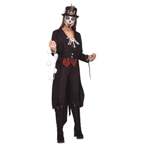 My Other Me - Vodoo-Kostüm für Damen, Größe M-L. Inklusive langer, unregelmäßiger schwarzer Jacke, roter Weste mit Aufdruck, Halskette mit Knochen, Totenkopfarmband, Anhänger und Stoffschlange von My Other Me