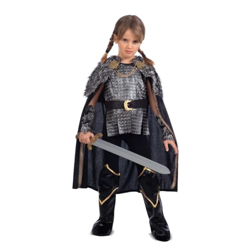 My Other Me Wikinger-Kostüm für Mädchen, Größe 5-6 Jahre, inklusive schwarzem Umhang mit goldenen Druckknöpfen, Kragen und Manschetten aus Kunstfell, graue Tunika mit Metallnieten, Gürtel und von My Other Me