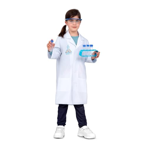My Other Me Wissenschaftler-Kostüm für Kinder, Unisex, Größe 3 – 5 Jahre, inkl. weißem Kittel mit Wissenschaftskolbenabzeichen und zwei Taschen, Schutzbrille und 4 Reagenzgläser mit blauem Ständer. von My Other Me