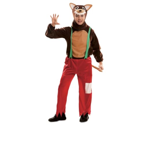 My Other Me Wolf-Kostüm für Kinder, Größe 3-4 Jahre. Inklusive Mütze, braunes Hemd mit langen Ärmeln und helleren Bauchdetails, rote Hose mit Fransen und grünen Trägern. von My Other Me