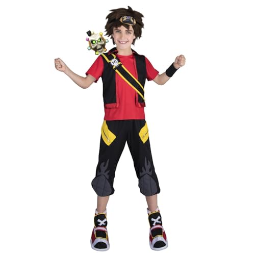 My Other Me Zak Storm Kinderkostüm mit Schwert, Perücke, Stirnband, Armband, Umhängetasche, Hemd mit Weste, Hose und Stiefelstulpen in Rot und Schwarz, Größe 10-12 Jahre, Erobern Sie die sieben Meere von My Other Me