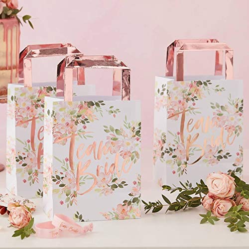 My Weddingshop Papier-Taschen/Party-Tüten Team Bride Blumen-Muster & rosé-Gold - JGA/Junggesellinnen-Abschied/Hen-Party/Hochzeit/Heirat Zubehör & Deko-Ration Accessoire-s Braut Frau-en (10 Taschen) von My Weddingshop