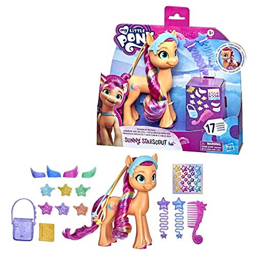My Little Pony: A New Generation Regenbogenmähne Sunny Starscout – 15 cm große, orangefarbene Ponyfigur mit Regenbogen-Zopf und 17 Accessoires von My Little Pony
