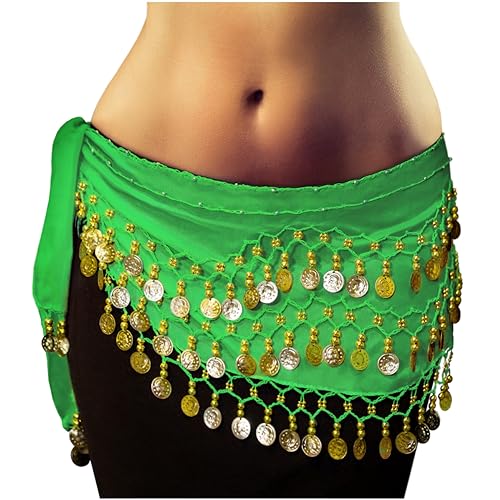 MyBeautyworld24 Belly Dance Bauchtanz Hüfttuch Kostüm 128 goldfarbenen Münzen Münzgürtel Fasching Karneval Tanzaufführung Gürtel in grün/Marke PRECORN von MyBeautyworld24