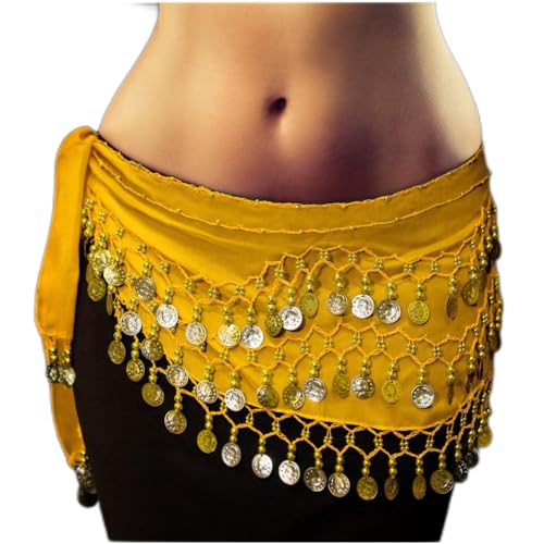 MyBeautyworld24 Belly Dance Bauchtanz Hüfttuch gelb Kostüm 128 goldfarbenen Münzen Münzgürtel Fasching Karneval von MyBeautyworld24