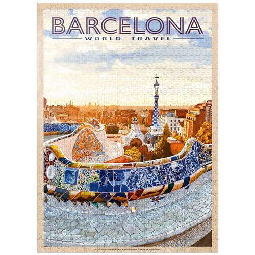 Barcelona, Spanien – Park Güell, Mosaik Mirage in der Dämmerung, Vintage-Reiseposter – Premium 1000 Teile Puzzle für Erwachsene von MyPuzzle.com