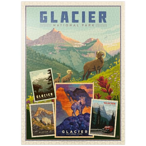 Gletscher-Nationalpark: Collage-Druck, Vintage-Poster, Premium 1000 Teile Puzzle für Erwachsene von MyPuzzle.com