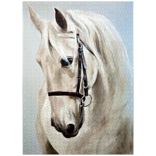 Kopf im Profil Ein weißes Pferd Ölgemälde - Premium 1000 Teile Puzzle für Erwachsene von MyPuzzle.com