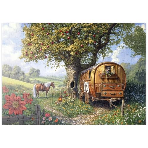 MyPuzzle Charmante Zigeunerwagen mit Pferd unter einem Apfelbaum in blühender Landschaft - Premium 200 Teile Puzzle - MyPuzzle Sonderkollektion von Puzzle Galaxy von MyPuzzle.com
