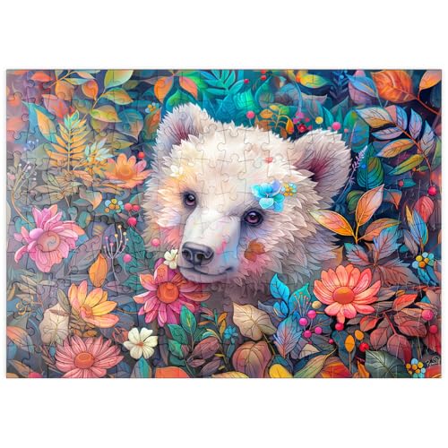 MyPuzzle Entzückendes weißes Bärenjunges, umgeben von bunten Blumen - Premium 200 Teile Puzzle - MyPuzzle Sonderkollektion von Puzzle Galaxy von MyPuzzle.com