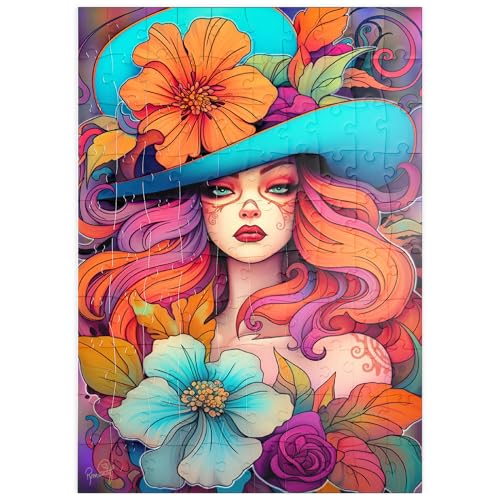 MyPuzzle Frau mit Blumenkranz und cyanfarbenem Hut - Premium 100 Teile Puzzle - MyPuzzle Sonderkollektion von Puzzle Galaxy von MyPuzzle.com