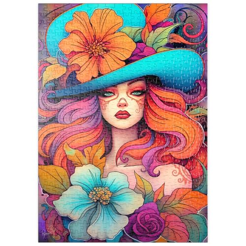 MyPuzzle Frau mit Blumenkranz und cyanfarbenem Hut - Premium 500 Teile Puzzle - MyPuzzle Sonderkollektion von Puzzle Galaxy von MyPuzzle.com
