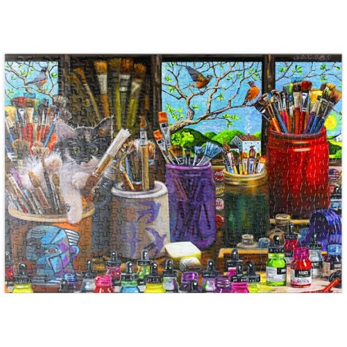 MyPuzzle Kreatives Künstleratelier mit neugieriger Katze – Farbenfrohe Malerei - Premium 500 Teile Puzzle - MyPuzzle Sonderkollektion von Puzzle Galaxy von MyPuzzle.com
