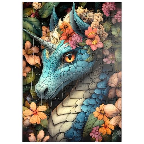 MyPuzzle Majestätischer Blauer Drache mit Blumenkrone in einem Fantasiewald - Premium 100 Teile Puzzle - MyPuzzle Sonderkollektion von Puzzle Galaxy von MyPuzzle.com
