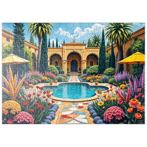 MyPuzzle Mediterraner Innenhofgarten mit Pool und bunten Blumen - Premium 200 Teile Puzzle - MyPuzzle Sonderkollektion von Puzzle Galaxy von MyPuzzle.com