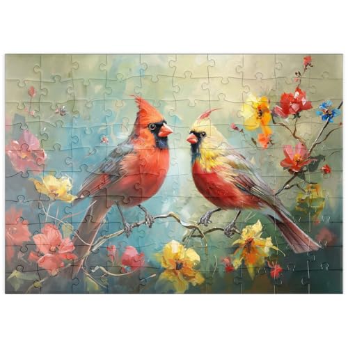 MyPuzzle Nördliche Kardinäle zwischen Frühlingsblüten - Premium 100 Teile Puzzle - MyPuzzle Sonderkollektion von Puzzle Galaxy von MyPuzzle.com