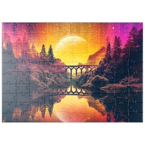 MyPuzzle Surreale Brücke über den Fluss mit riesigem goldenen Mond - Premium 100 Teile Puzzle - MyPuzzle Sonderkollektion von Puzzle Galaxy von MyPuzzle.com