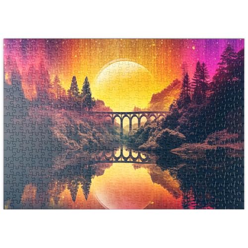 MyPuzzle Surreale Brücke über den Fluss mit riesigem goldenen Mond - Premium 500 Teile Puzzle - MyPuzzle Sonderkollektion von Puzzle Galaxy von MyPuzzle.com