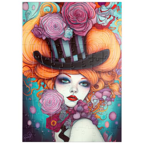 MyPuzzle Verspielte Frau mit gestreiftem Zylinderhut und floralen Akzenten - Premium 100 Teile Puzzle - MyPuzzle Sonderkollektion von Puzzle Galaxy von MyPuzzle.com