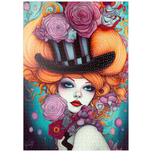 MyPuzzle Verspielte Frau mit gestreiftem Zylinderhut und floralen Akzenten - Premium 1000 Teile Puzzle - MyPuzzle Sonderkollektion von Puzzle Galaxy von MyPuzzle.com