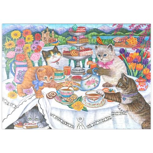 MyPuzzle Verspielte Katzen-Teeparty – Farbenfrohe Illustration mit Schlosskulisse - Premium 500 Teile Puzzle - MyPuzzle Sonderkollektion von Puzzle Galaxy von MyPuzzle.com