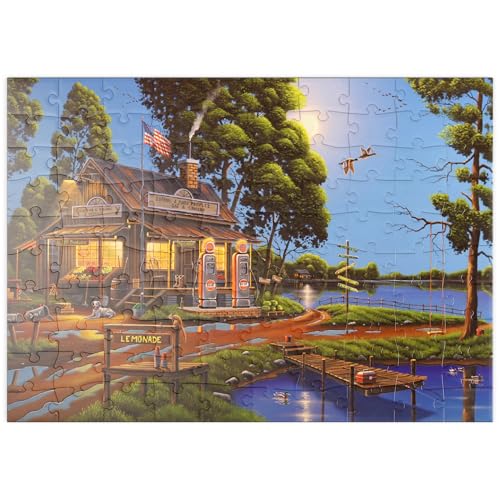 MyPuzzle Vintage-Lebensmittelgeschäft und Tankstelle am Seeufer - Premium 100 Teile Puzzle - MyPuzzle Sonderkollektion von Puzzle Galaxy von MyPuzzle.com