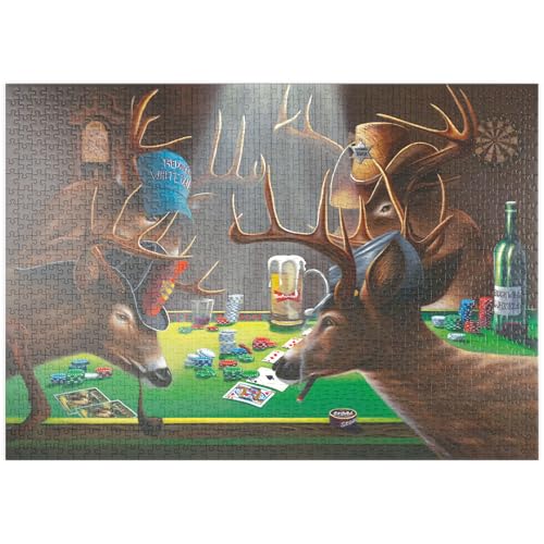 MyPuzzle Weißwedelhirsche Spielen Poker in Innenräumen - Premium 1000 Teile Puzzle - MyPuzzle Sonderkollektion von Puzzle Galaxy von MyPuzzle.com