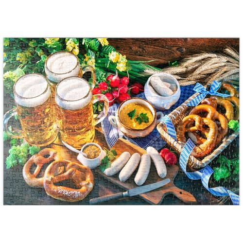 Oktoberfest-Menü, Bayerische Würstchen mit Brezeln, süßem Senf und Bierkrügen - Premium 500 Teile Puzzle - MyPuzzle Sonderkollektion von Puzzle Galaxy von MyPuzzle.com