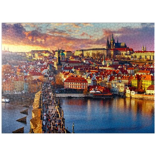 Panoramablick auf die Karlsbrücke, Prager Burg und Moldau Prag Tschechische Republik – Premium 1000 Teile Puzzle für Erwachsene von MyPuzzle.com