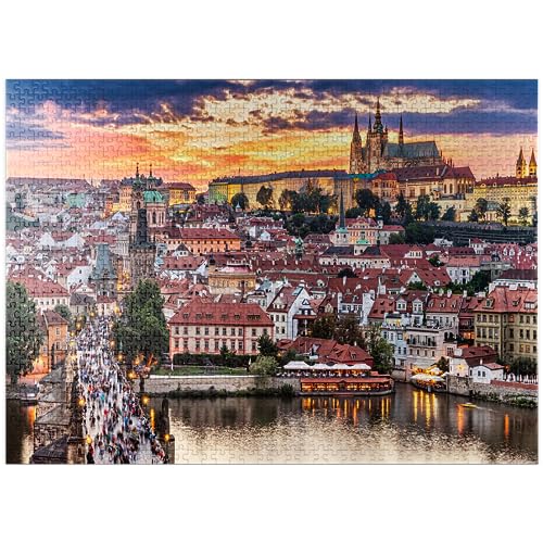 Prag - Tschechische Republik - Sonnenuntergang oder Sonnenaufgang Blick auf die Karlsbrücke und die Prager Burg über der Moldau - Premium 1000 Teile Puzzle für Erwachsene von MyPuzzle.com
