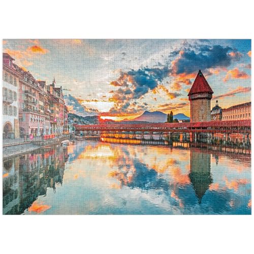 Sonnenuntergang im historischen Stadtzentrum von Luzern mit der berühmten Kapellbrücke - Premium 1000 Teile Puzzle - MyPuzzle Sonderkollektion von Puzzle Galaxy von MyPuzzle.com