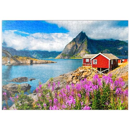 Typische rote Fischerhäuser in einem Hafen auf den Lofoten, Norwegen - Premium 500 Teile Puzzle - MyPuzzle Sonderkollektion von Puzzle Galaxy von MyPuzzle.com