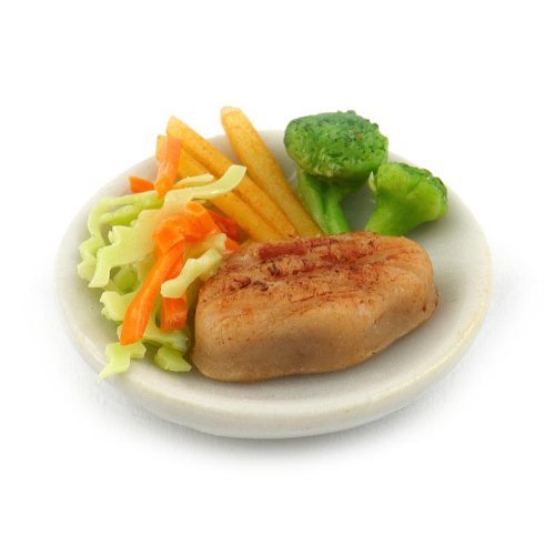 MyTinyWorld Puppenhaus Miniatur Lende Steak auf Weiß Keramik Platte mit Gemüse von MyTinyWorld