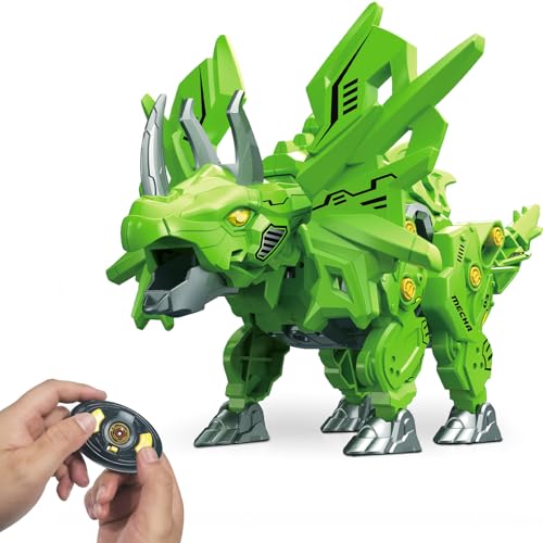 Mycketop Assembliertes RC Dinosaurier Spielzeug, Fernbedienung laufender Mecha Dinosaurier mit Sound, STEM DIY Triceratops Kit, Coole Dino Spielzeug Geburtstagsgeschenk für Triceratops Liebhaber von Mycketop