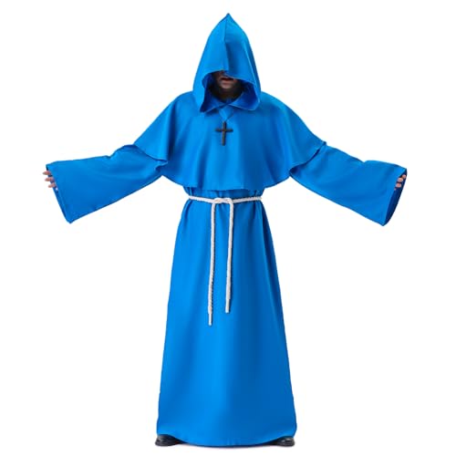 Myir JUN Mönch Robe Kostüm Mönch Priester Gewand Kostüm mit Kapuze Mittelalterliche Kapuze Herren Mönchskutte (Blau, Large) von Myir JUN