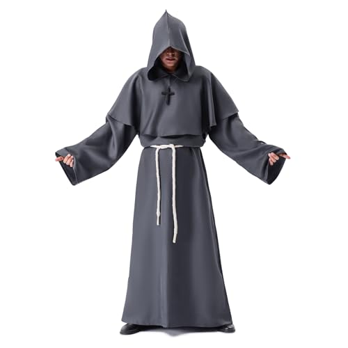Myir JUN Mönch Robe Kostüm Mönch Priester Gewand Kostüm mit Kapuze Mittelalterliche Kapuze Herren Mönchskutte (Grau, X-Large) von Myir JUN